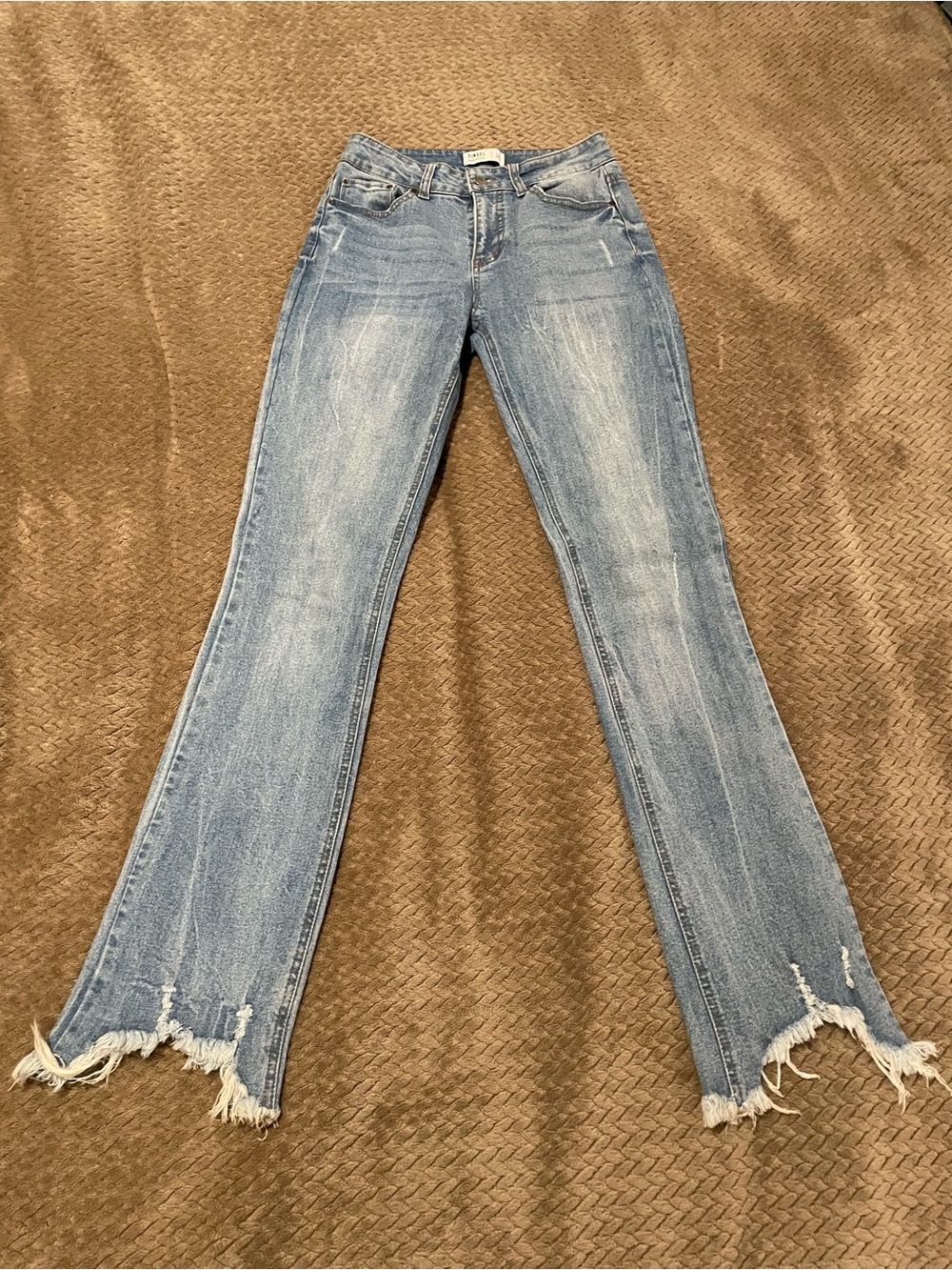 Tinsel Light Blue Frayed Hem Wide Leg Jeans